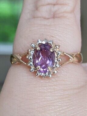 Antique 10K Gold Amethyst Ring With Diamond Accent